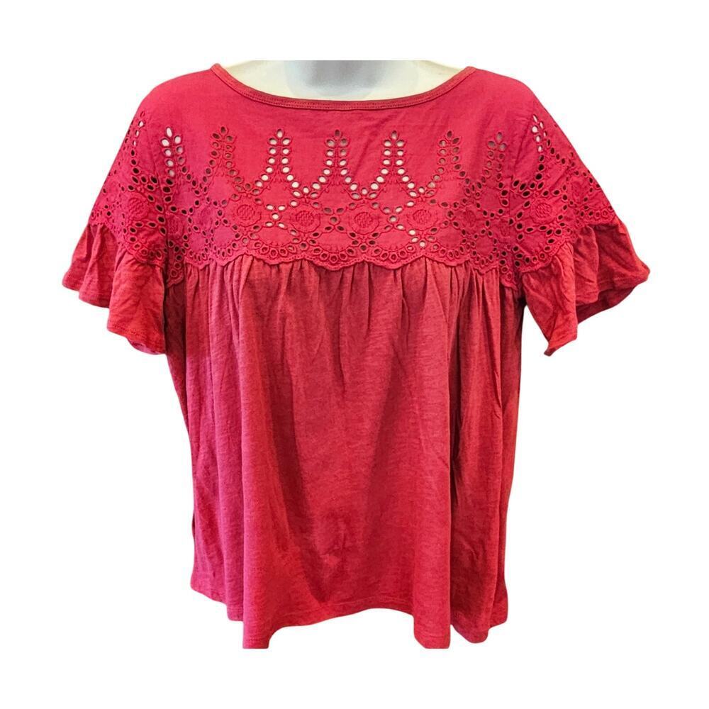 J. CREW XS Red Eyelet Top Cotton Flutter Sleeve Cotton career boxy casual comfy
